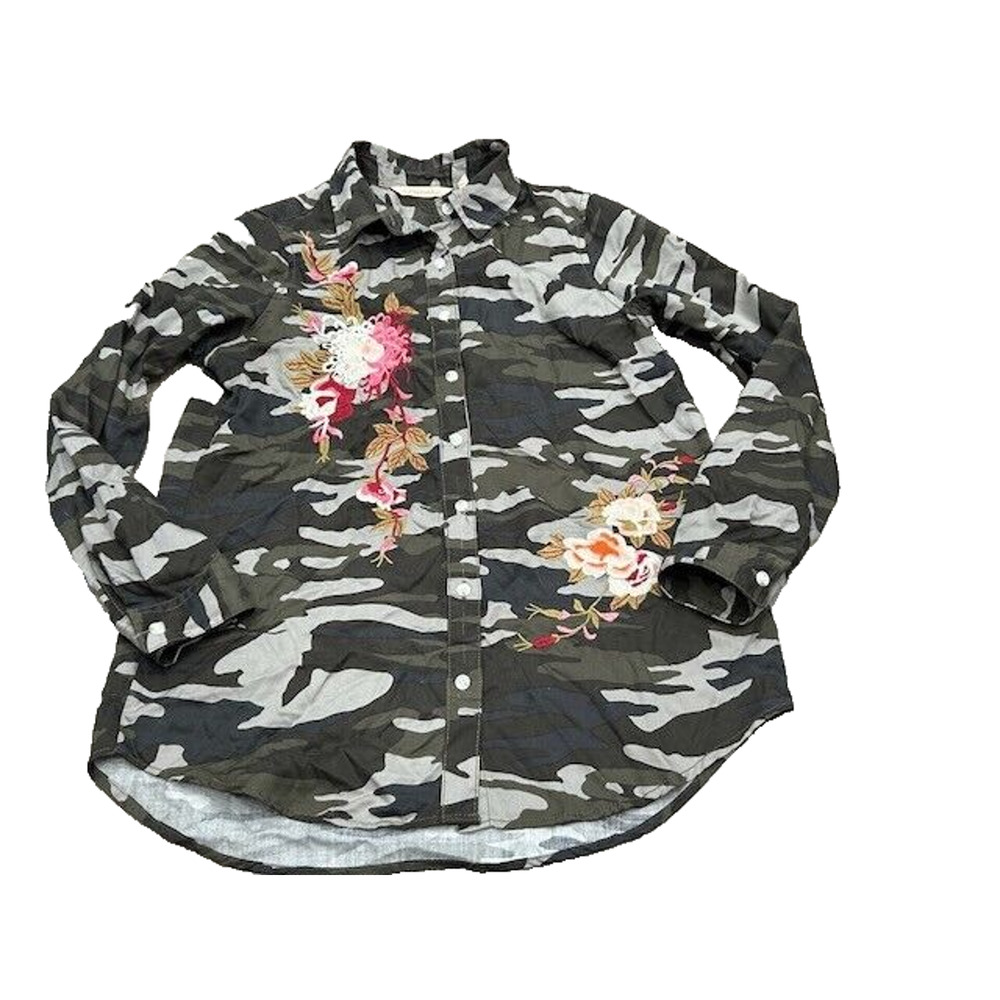 Soft Surrounding Womens Button Down‎ Shirt Top Embroidered Floral Camo Size XS